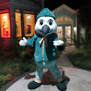 Teal Graveyard mascot costume character dressed with a Windbreaker and Clutch bags
