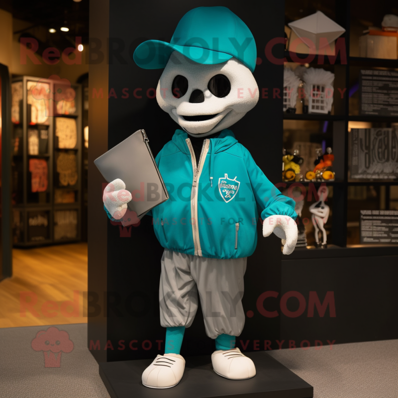 Teal Graveyard mascot costume character dressed with a Windbreaker and Clutch bags Teal Graveyard mascot costume character dressed with a Windbreaker and Clutch bags