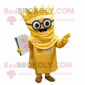 Gold Enchiladas mascot costume character dressed with a Chinos and Reading glasses
