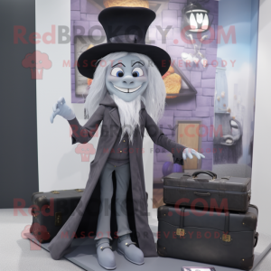 Gray Witch mascot costume character dressed with a Blazer and Briefcases