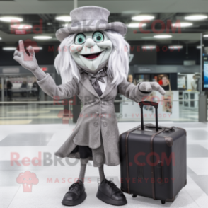 Gray Witch mascot costume character dressed with a Blazer and Briefcases