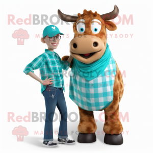 Turquoise Jersey Cow mascot costume character dressed with a Flannel Shirt and Watches