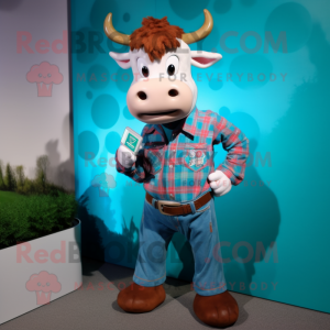 Turquoise Jersey Cow mascot costume character dressed with a Flannel Shirt and Watches