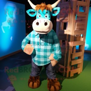 Turquoise Jersey Cow mascot costume character dressed with a Flannel Shirt and Watches
