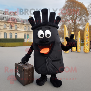Black French Fries mascot costume character dressed with a Coat and Briefcases