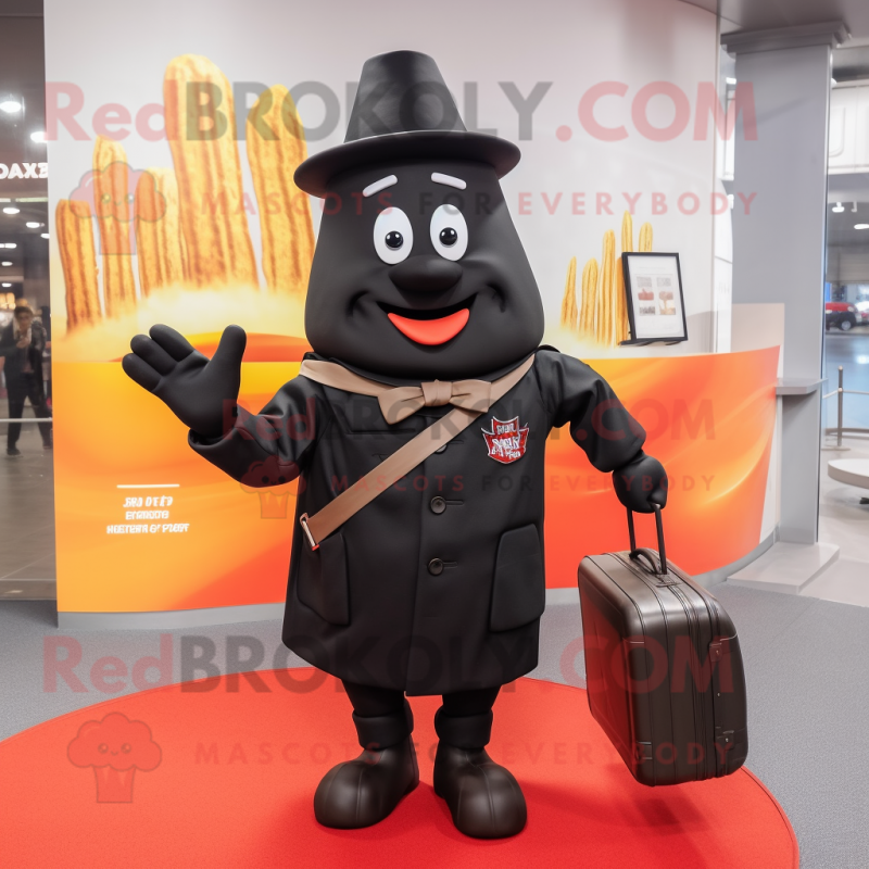 Black French Fries mascot costume character dressed with a Coat and Briefcases Black French Fries mascot costume character dressed with a Coat and Briefcases
