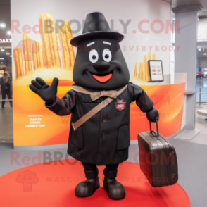 Black French Fries mascot costume character dressed with a Coat and Briefcases