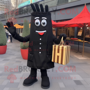 Black French Fries mascot costume character dressed with a Coat and Briefcases