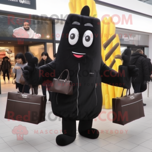 Black French Fries mascot costume character dressed with a Coat and Briefcases