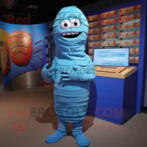 Blue Mummy mascot costume character dressed with a Cardigan and Cummerbunds