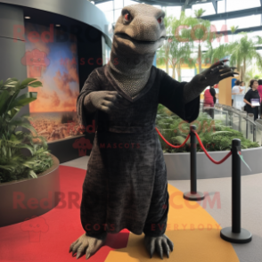 Black Komodo Dragon mascot costume character dressed with a Wrap Dress and Foot pads