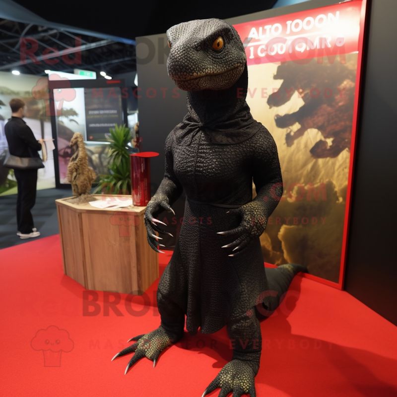 Black Komodo Dragon mascot costume character dressed with a Wrap Dress and Foot pads Black Komodo Dragon mascot costume character dressed with a Wrap Dress and Foot pads