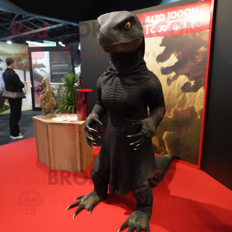 Black Komodo Dragon mascot costume character dressed with a Wrap Dress and Foot pads