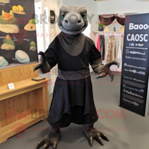 Black Komodo Dragon mascot costume character dressed with a Wrap Dress and Foot pads