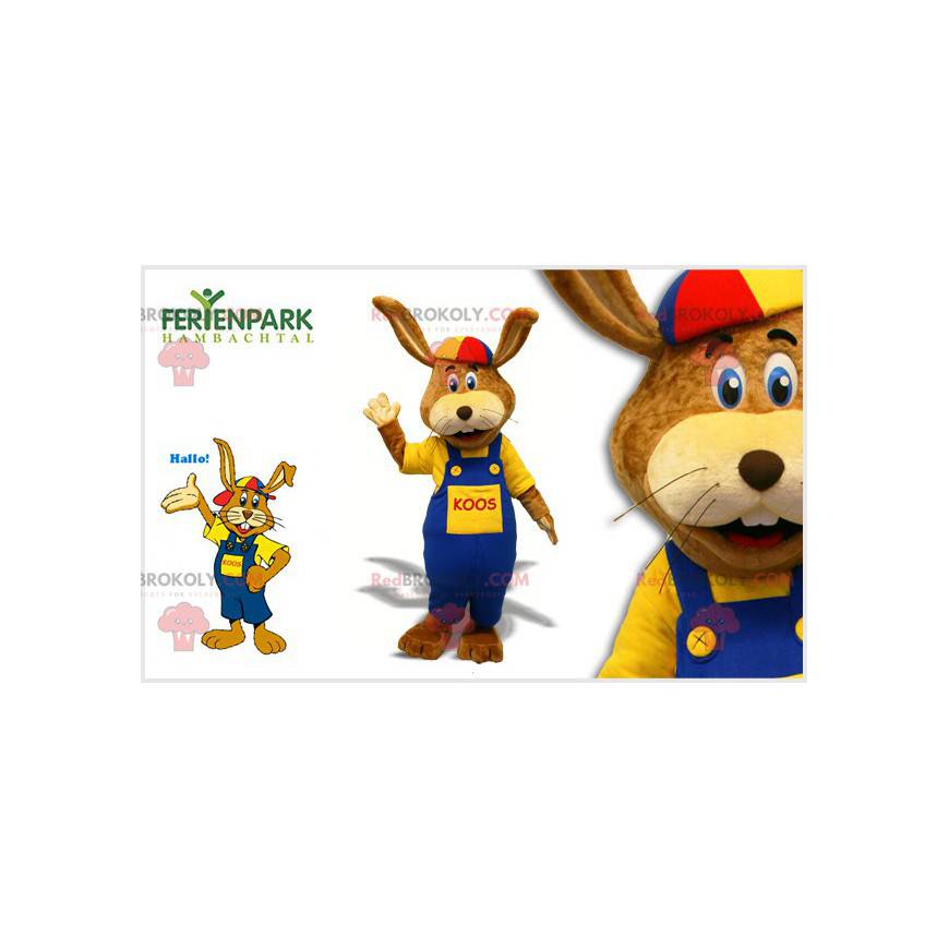 Brown rabbit mascot with overalls and a cap - Redbrokoly.com