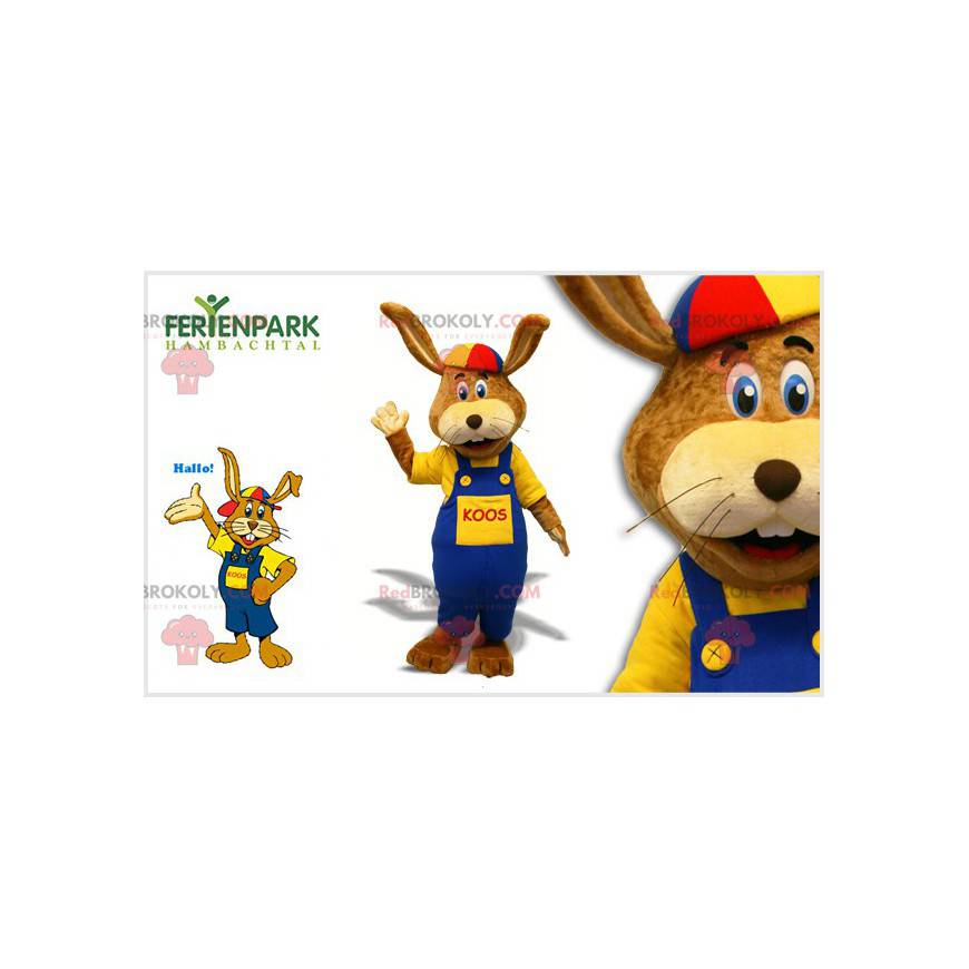 Mascotte coniglio marrone con tuta e berretto - Redbrokoly.com