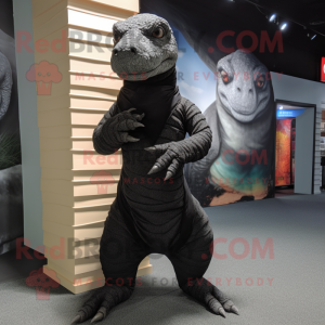 Black Komodo Dragon mascot costume character dressed with a Wrap Dress and Foot pads