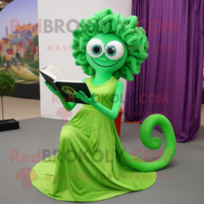 Lime Green Medusa mascot costume character dressed with a Evening Gown and Reading glasses