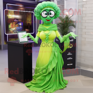 Lime Green Medusa mascot costume character dressed with a Evening Gown and Reading glasses