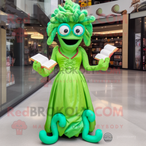 Lime Green Medusa mascot costume character dressed with a Evening Gown and Reading glasses