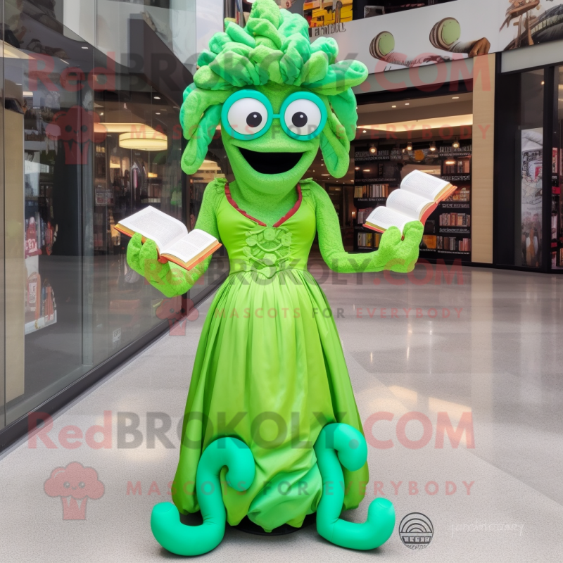 Lime Green Medusa mascot costume character dressed with a Evening Gown and Reading glasses Lime Green Medusa mascot costume character dressed with a Evening Gown and Reading glasses