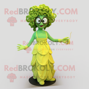 Lime Green Medusa mascot costume character dressed with a Evening Gown and Reading glasses