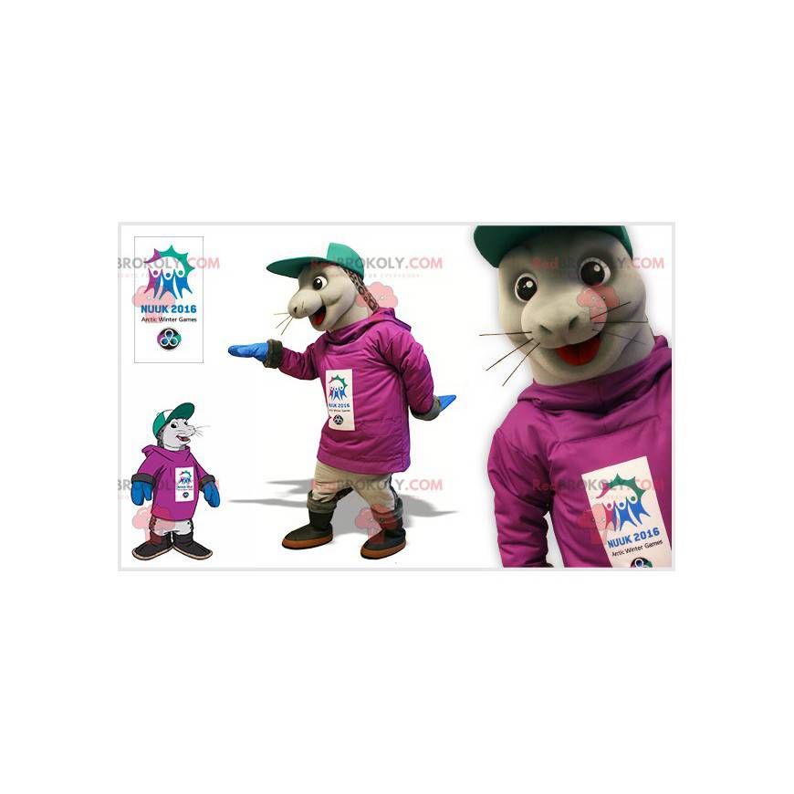 Graues Seelöwenmaskottchen mit einer Kappe - Redbrokoly.com