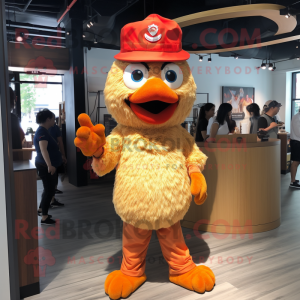 Orange Fried Chicken mascot costume character dressed with a Henley Shirt and Hats