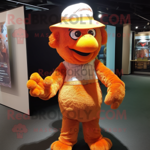 Orange Fried Chicken mascot costume character dressed with a Henley Shirt and Hats