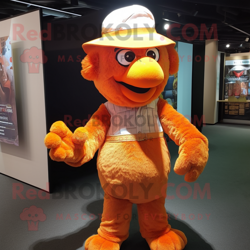 Orange Fried Chicken mascot costume character dressed with a Henley Shirt and Hats Orange Fried Chicken mascot costume character dressed with a Henley Shirt and Hats
