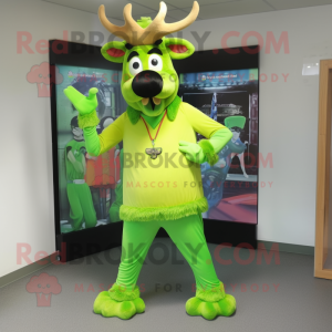 Lime Green Elk mascot costume character dressed with a Jumpsuit and Shoe clips