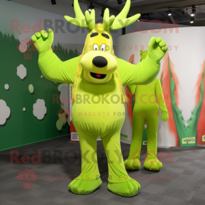 Lime Green Elk mascot costume character dressed with a Jumpsuit and Shoe clips