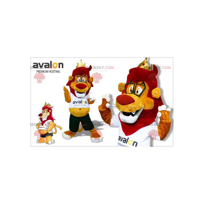 Rotes und gelbes Löwenmaskottchen mit Brille - Redbrokoly.com