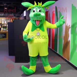 Lime Green Elk mascot costume character dressed with a Jumpsuit and Shoe clips