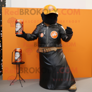 Orange Soda Can mascot costume character dressed with a Biker Jacket and Shawls