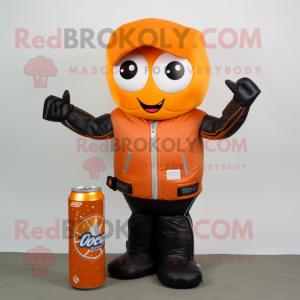Orange Soda Can mascot costume character dressed with a Biker Jacket and Shawls