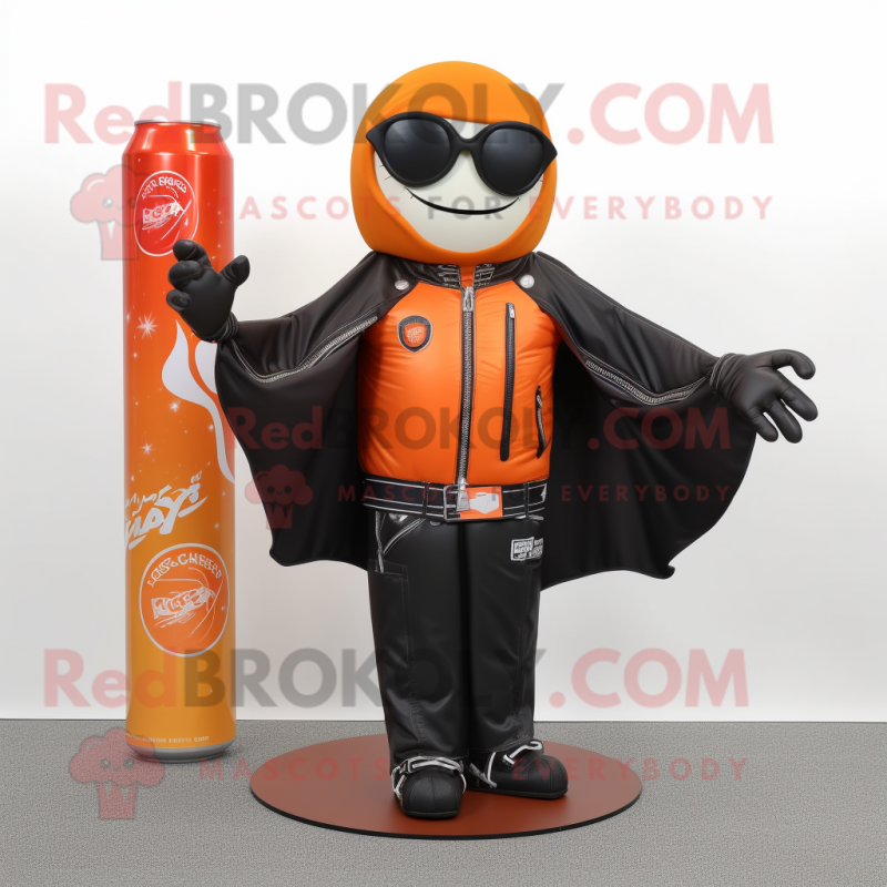 Orange Soda Can mascot costume character dressed with a Biker Jacket and Shawls