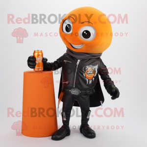 Orange Soda Can mascot costume character dressed with a Biker Jacket and Shawls