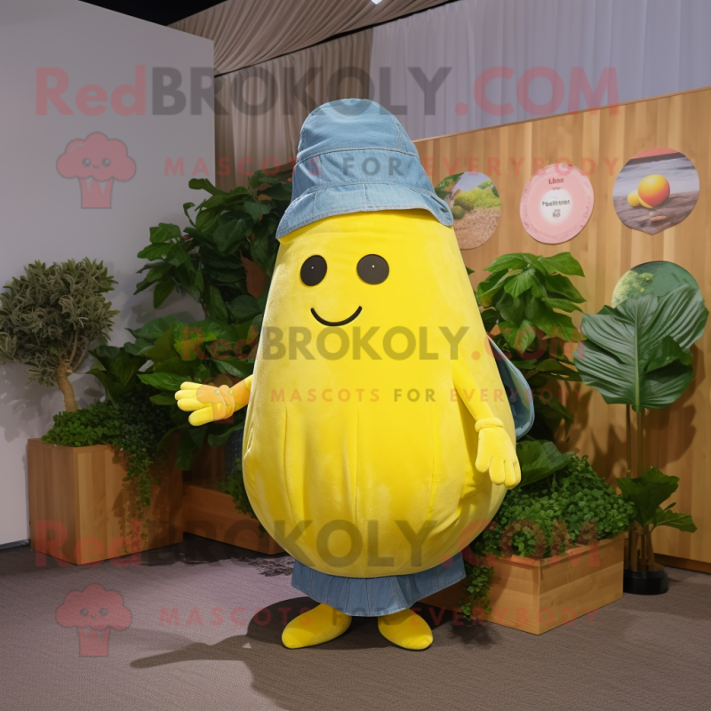 Lemon Yellow Beet mascot costume character dressed with a Denim Shirt and Shawls