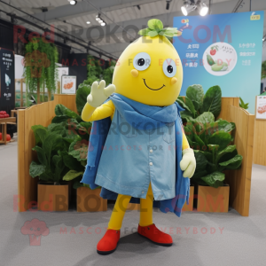 Lemon Yellow Beet mascot costume character dressed with a Denim Shirt and Shawls