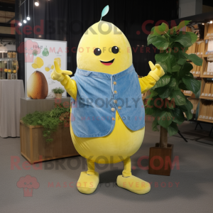 Lemon Yellow Beet mascot costume character dressed with a Denim Shirt and Shawls