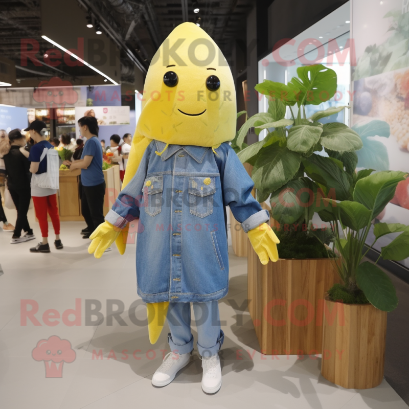 Lemon Yellow Beet mascot costume character dressed with a Denim Shirt and Shawls