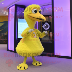 Lemon Yellow Ostrich mascot costume character dressed with a Circle Skirt and Digital watches