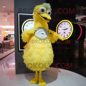 Lemon Yellow Ostrich mascot costume character dressed with a Circle Skirt and Digital watches