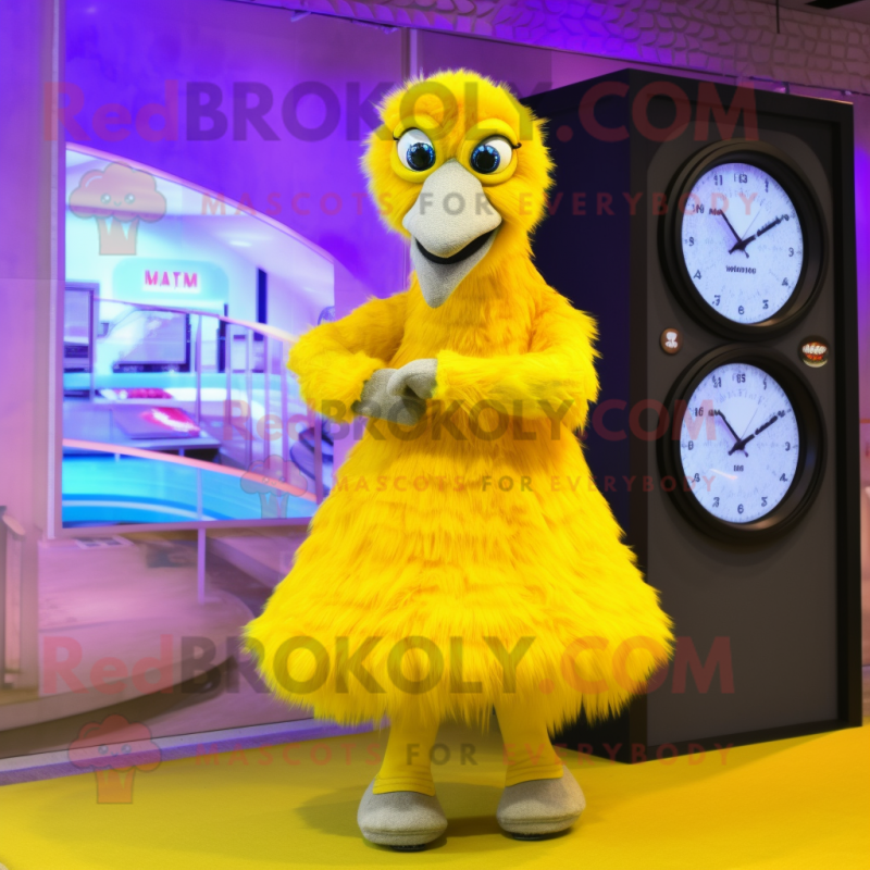 Lemon Yellow Ostrich mascot costume character dressed with a Circle Skirt and Digital watches