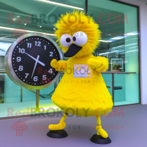 Lemon Yellow Ostrich mascot costume character dressed with a Circle Skirt and Digital watches