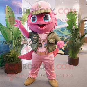 Pink Tuna mascot costume character dressed with a Cargo Pants and Necklaces