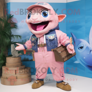 Pink Tuna mascot costume character dressed with a Cargo Pants and Necklaces