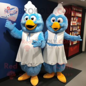 Sky Blue Butter Chicken mascot costume character dressed with a Shift Dress and Belts