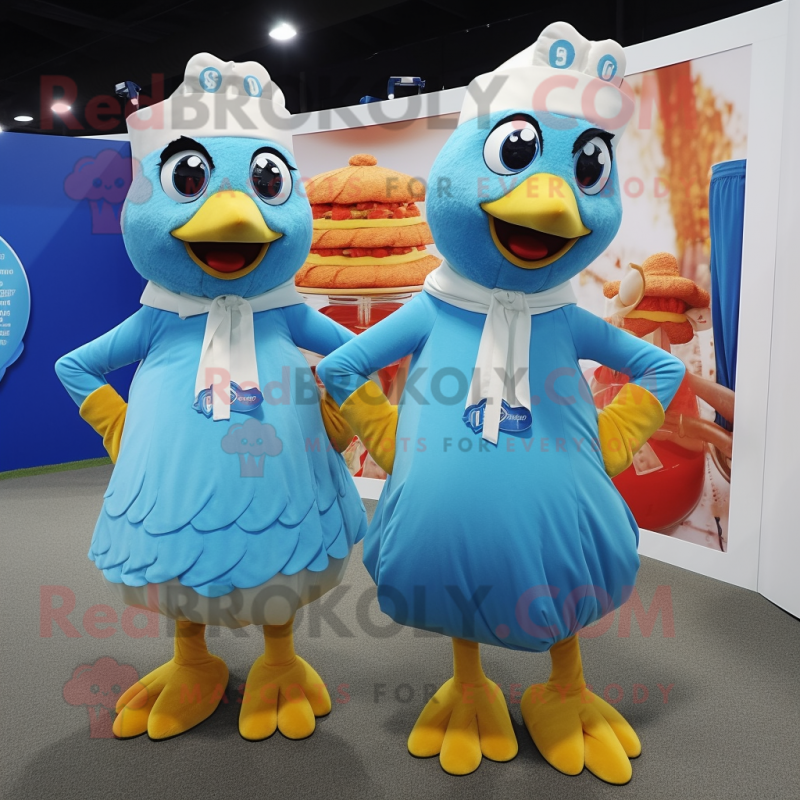 Sky Blue Butter Chicken mascot costume character dressed with a Shift Dress and Belts